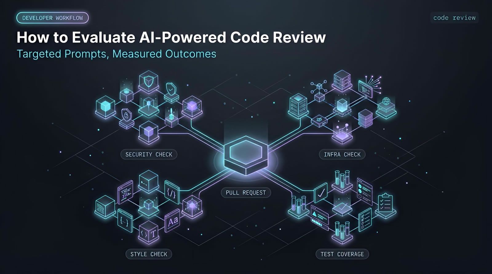 AI-powered code review evaluation diagram showing targeted review prompts routed from a pull request, agentic code review evals | Levr
